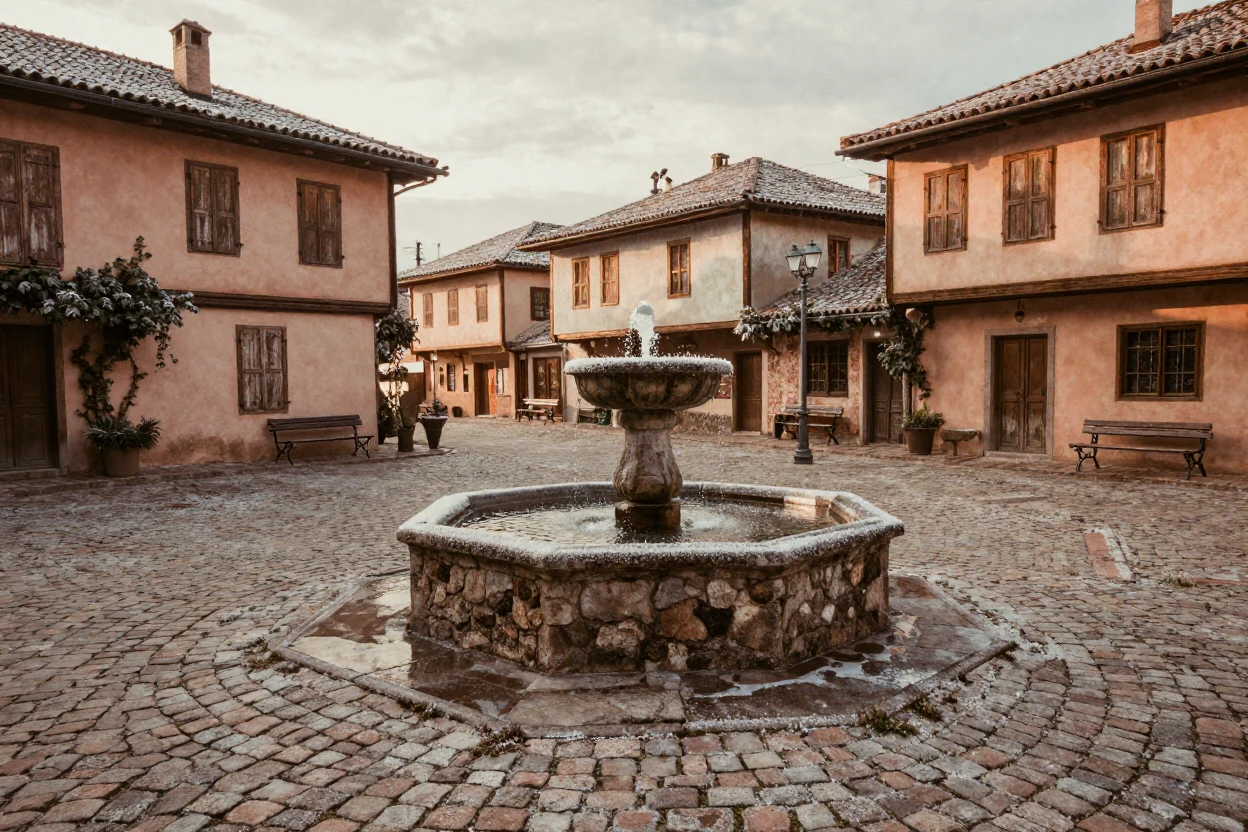 A cobblestone village square with a burbling old fountain, in gentle diffused daylight, with frost coating every surface, during the long days of summer, in earthy terracotta and ochre shades, from a slightly elevated vantage point.
