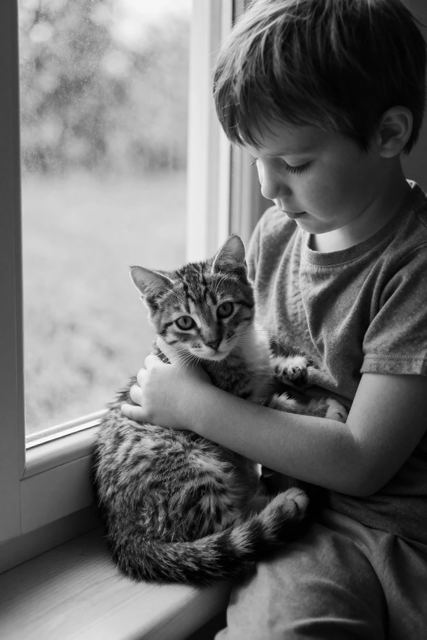 A curious kitten curls up in a child's lap on a sunlit windowsill.