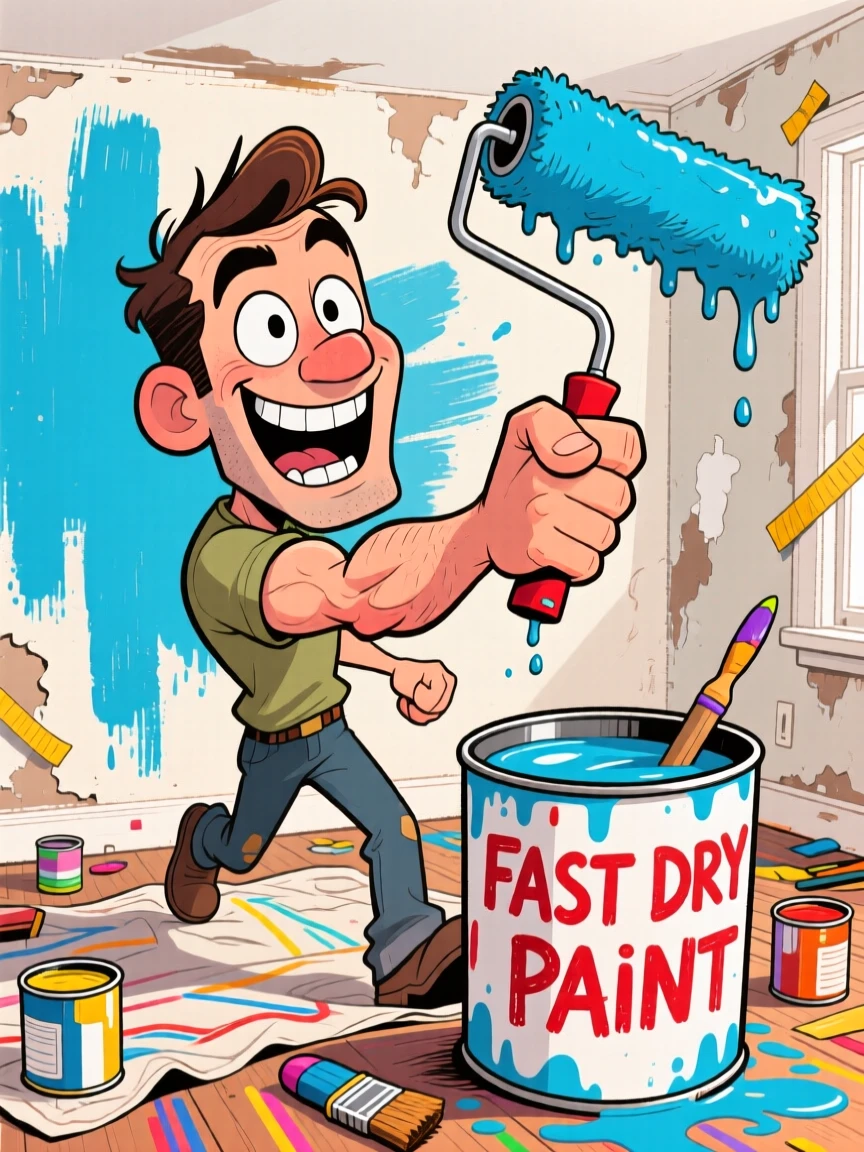 A man doing a home renovation timelapse, paint roller in hand, room half-finished.