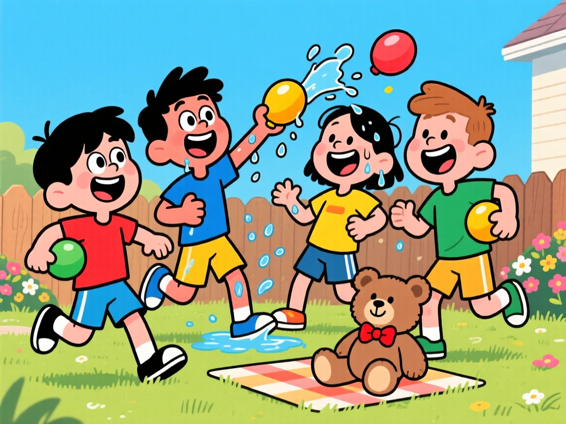 A playful childhood moment of a group of best friends having a good-natured water balloon fight, with a favorite stuffed animal close at hand.