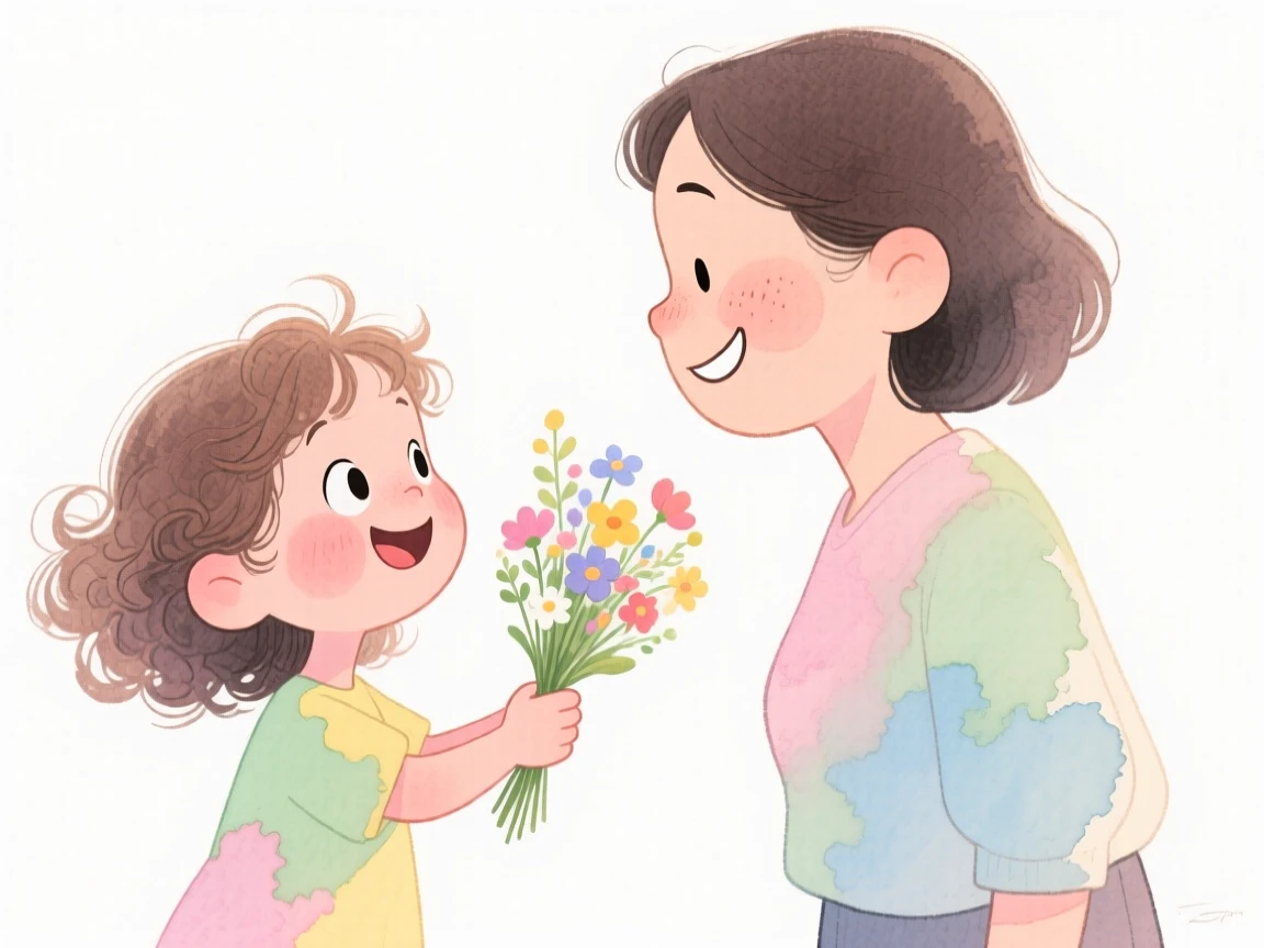 An uplifting, heartwarming moment of a young girl handing flowers to a smiling stranger