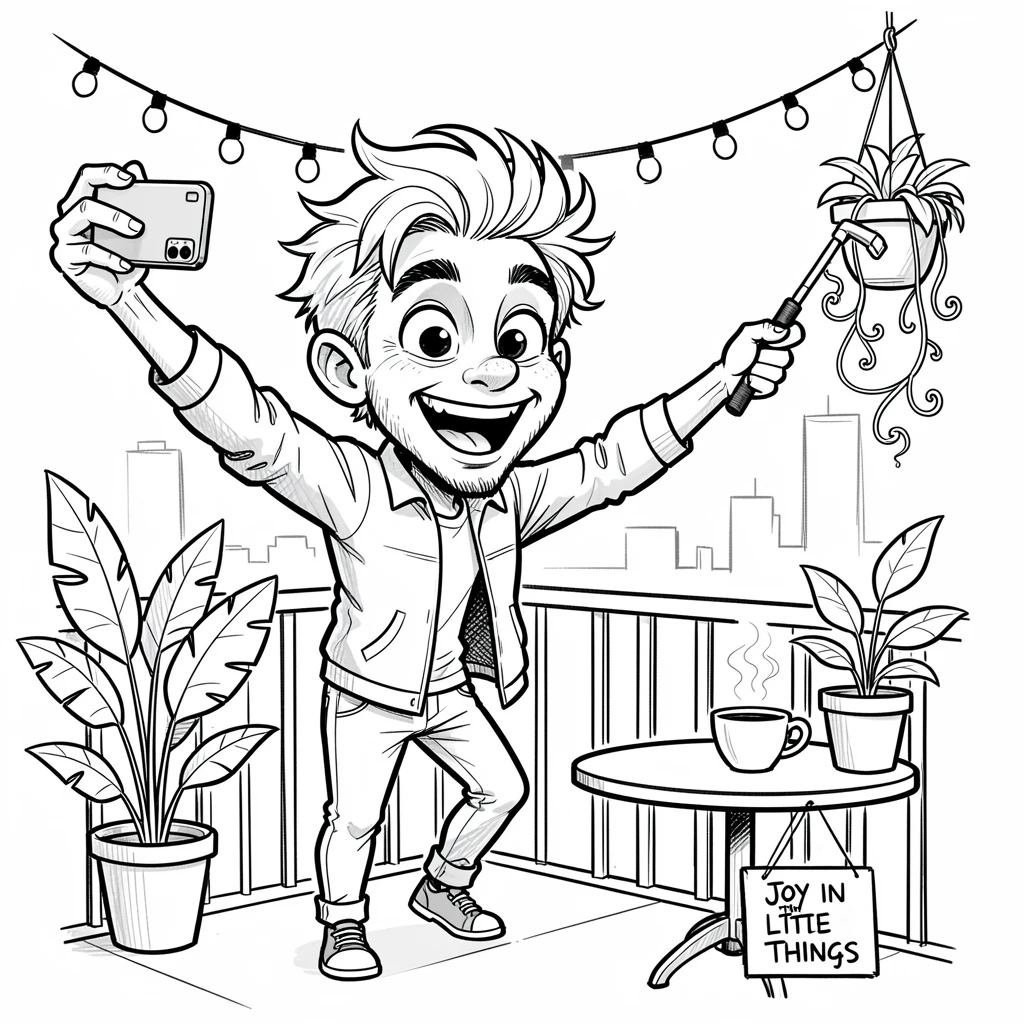 [Trending & Universal Topics] Modern lifestyle scene of an energetic content creator decorating a small apartment balcony, capturing everyday joy