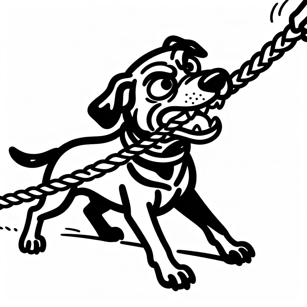 A black lab playing tug of war with a rope toy, back paws braced and determined.