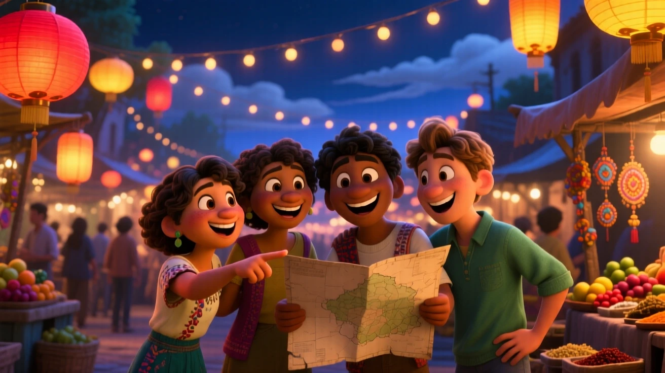A group of friends laughing together stands at a bustling night market strung with lanterns, tracing a path on an old paper map. A sense of wonder and freedom fills the moment, with soft clouds drifting across the sky.