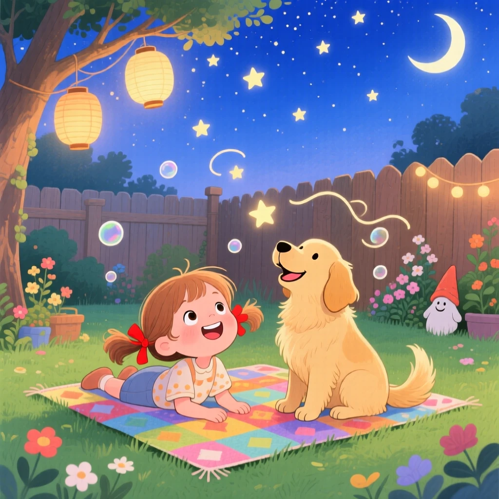 With a beloved family dog close by, a girl with a gap-toothed smile is stargazing from a backyard blanket, with laughter echoing through the yard.