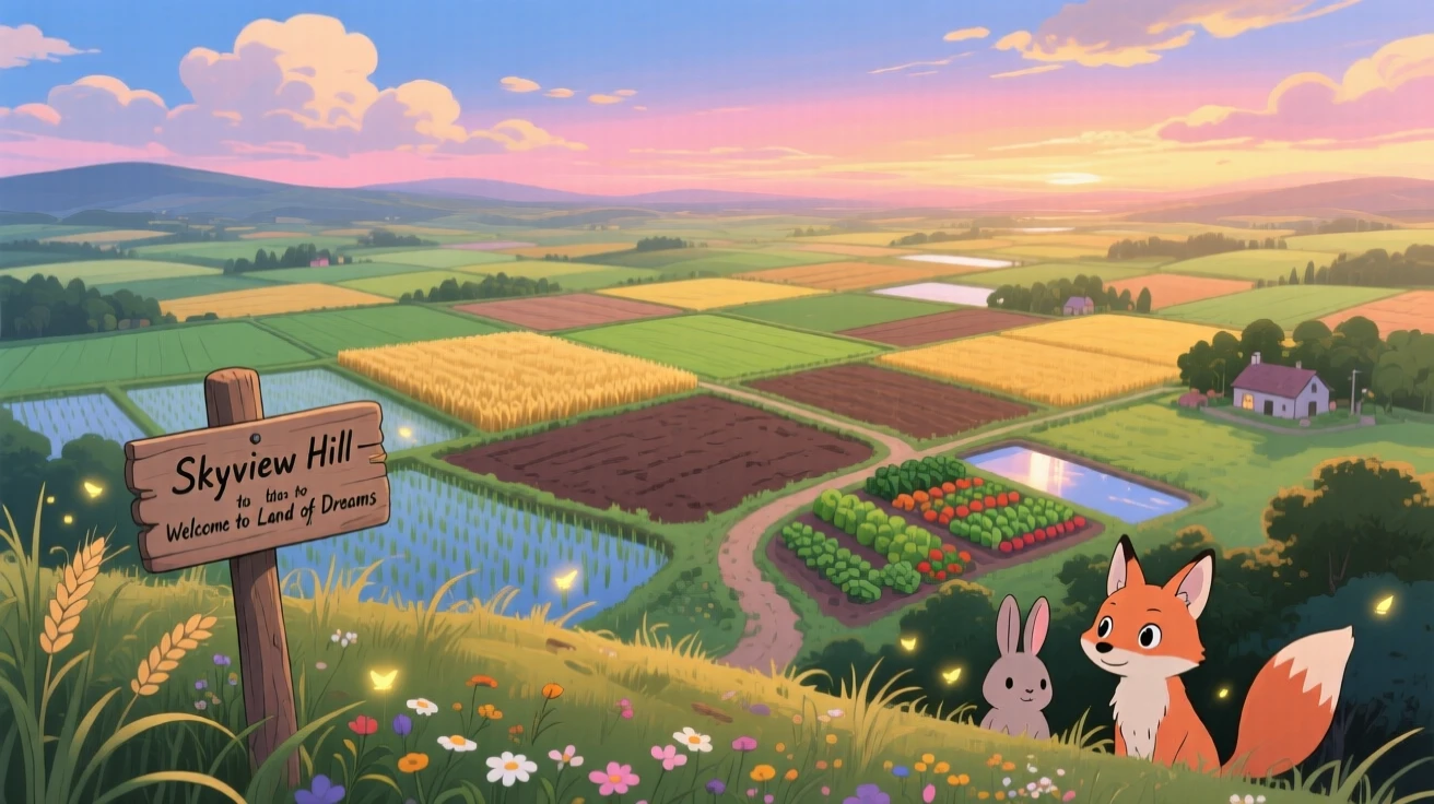 A breathtaking view of a patchwork of farmland seen from a hilltop, with soft clouds casting slow-moving shadows across the land, at dusk, framed with a wide panoramic view.