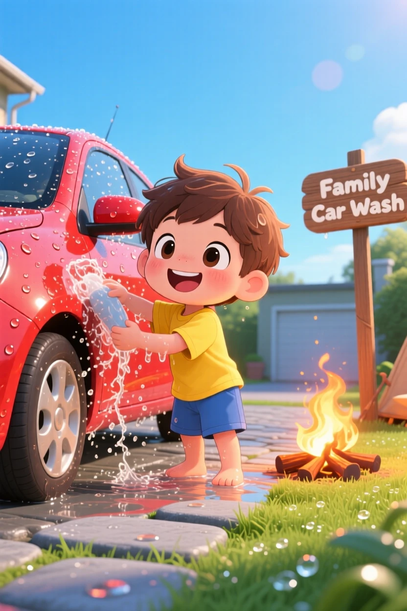 A small boy helping wash the family car in a sunny driveway as morning dew glistens on the grass; cozy firelight washes over the scene as delighted joy fills the moment. Low-angle shot looking up.
