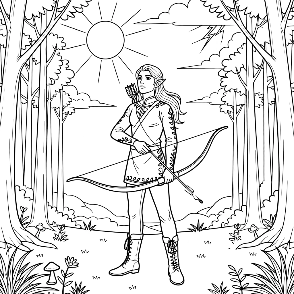 An elven archer standing in a moonlit forest, with a storm gathering ominously overhead.