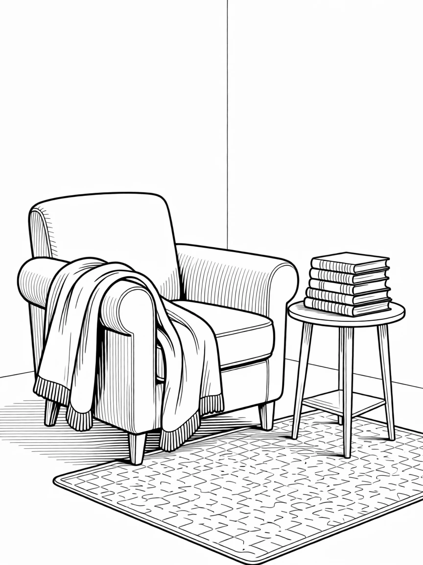 A quiet reading nook with a stack of books and a cozy blanket