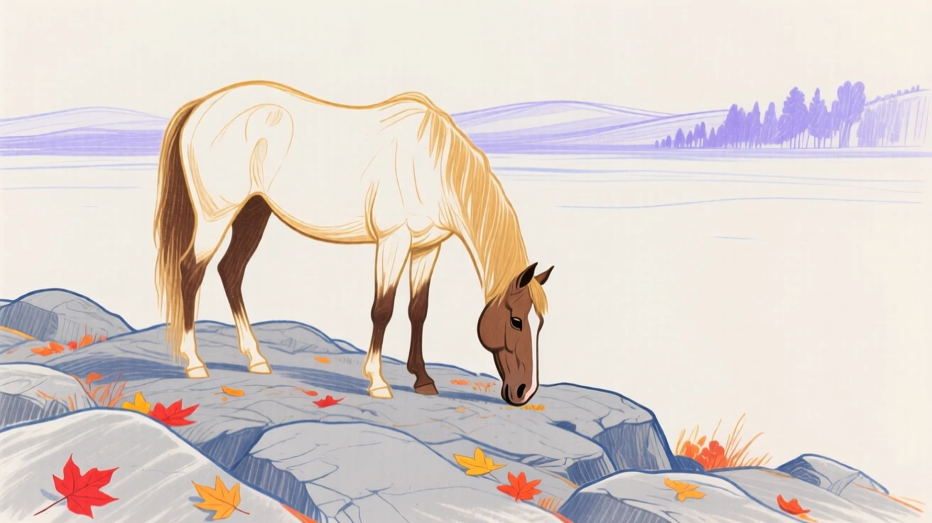 A grazing horse watching the horizon on a rocky hillside on a crisp autumn day.