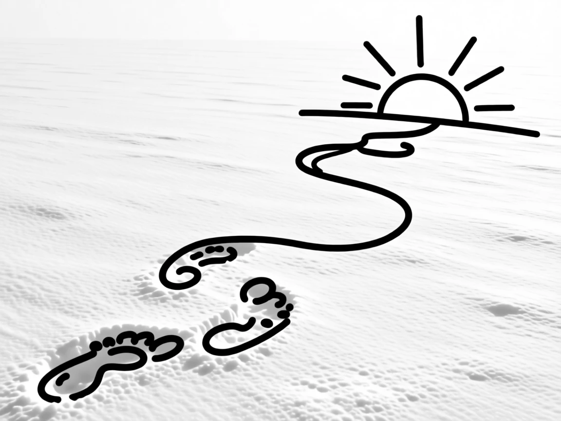 A single set of footprints leading across untouched snow toward a rising sun.