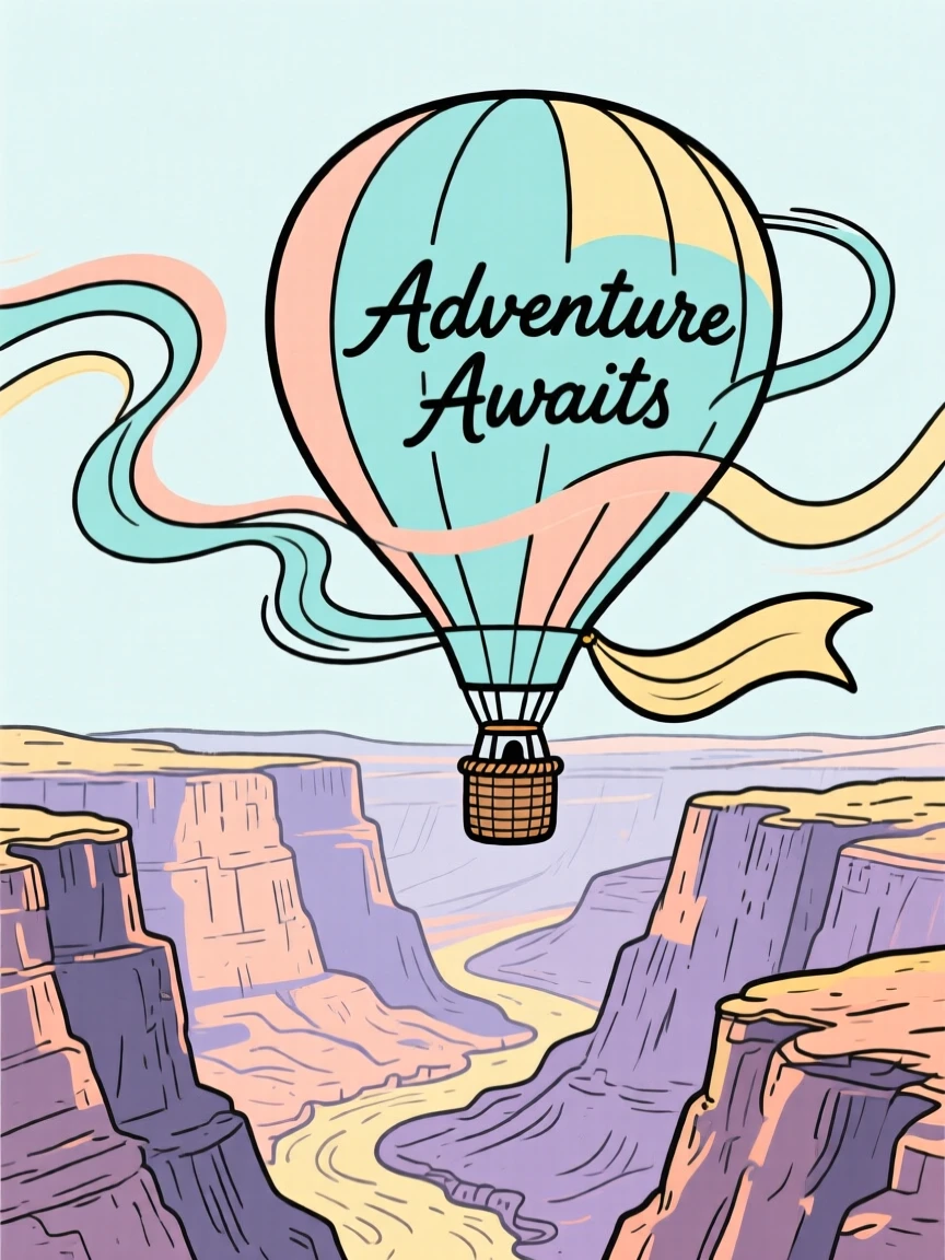 A hot air balloon adventure drifting above a dramatic canyon landscape.