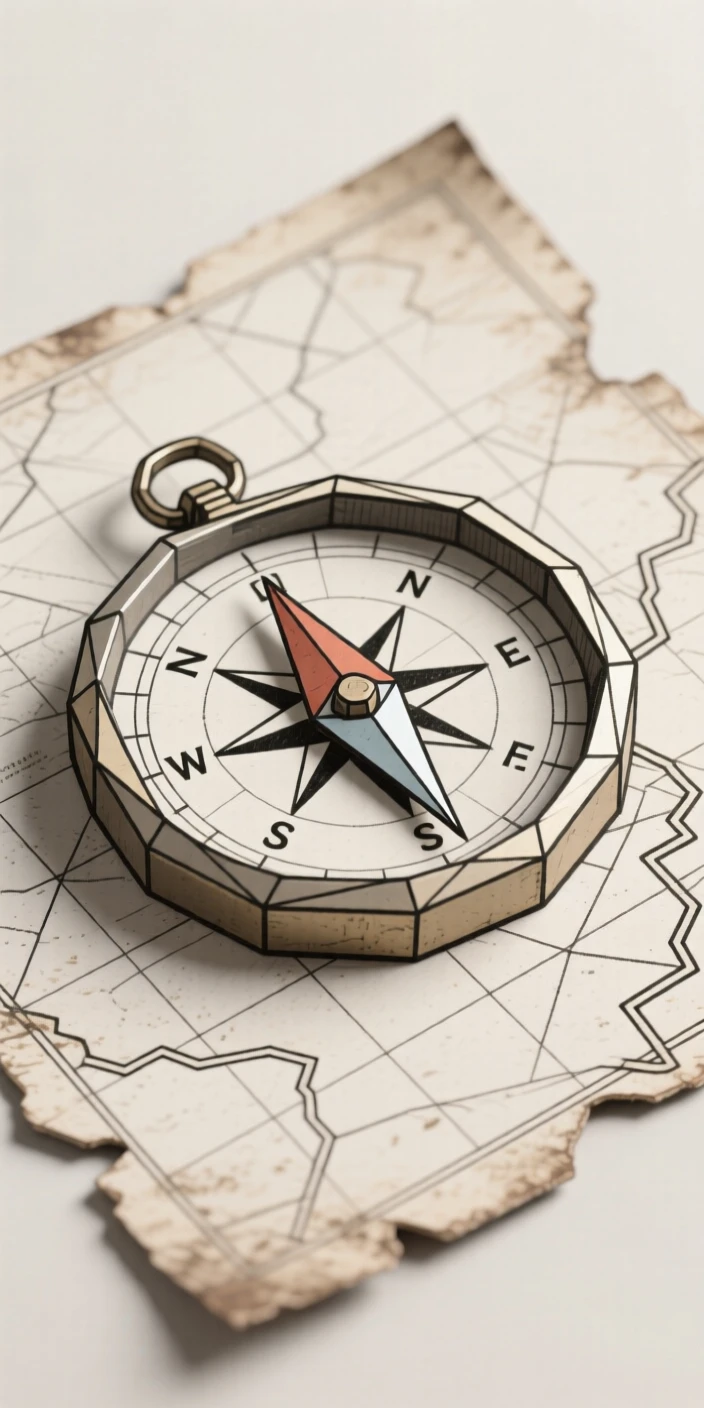 An old-fashioned compass resting on a weathered map