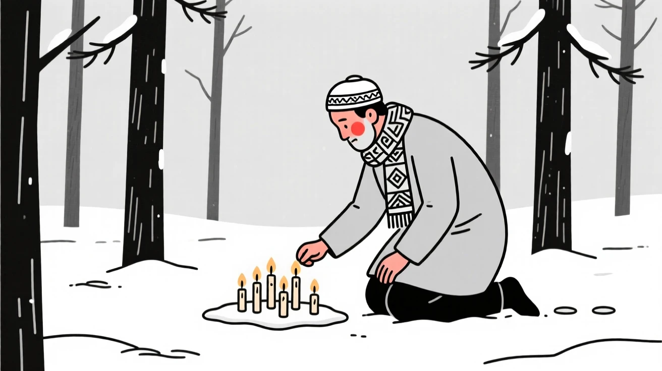 A father of Iranian heritage lighting candles for a quiet celebration, in a snow-covered pine forest.