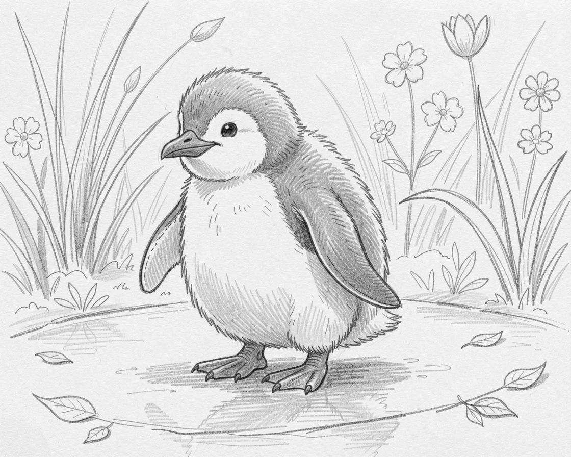 A baby penguin waddling across the ice, in a sunlit garden, looking impossibly soft and content.