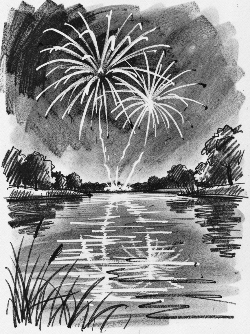 A Fourth of July fireworks show reflected over a lake, with a light breeze stirring the surroundings.