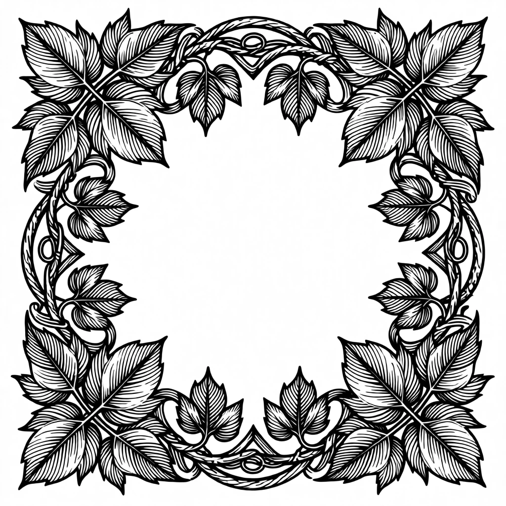A decorative border of intertwining vines and leaves arranged to draw the eye toward the center, with a harmonious balance of positive and negative space, forming a harmoniously balanced decorative composition.