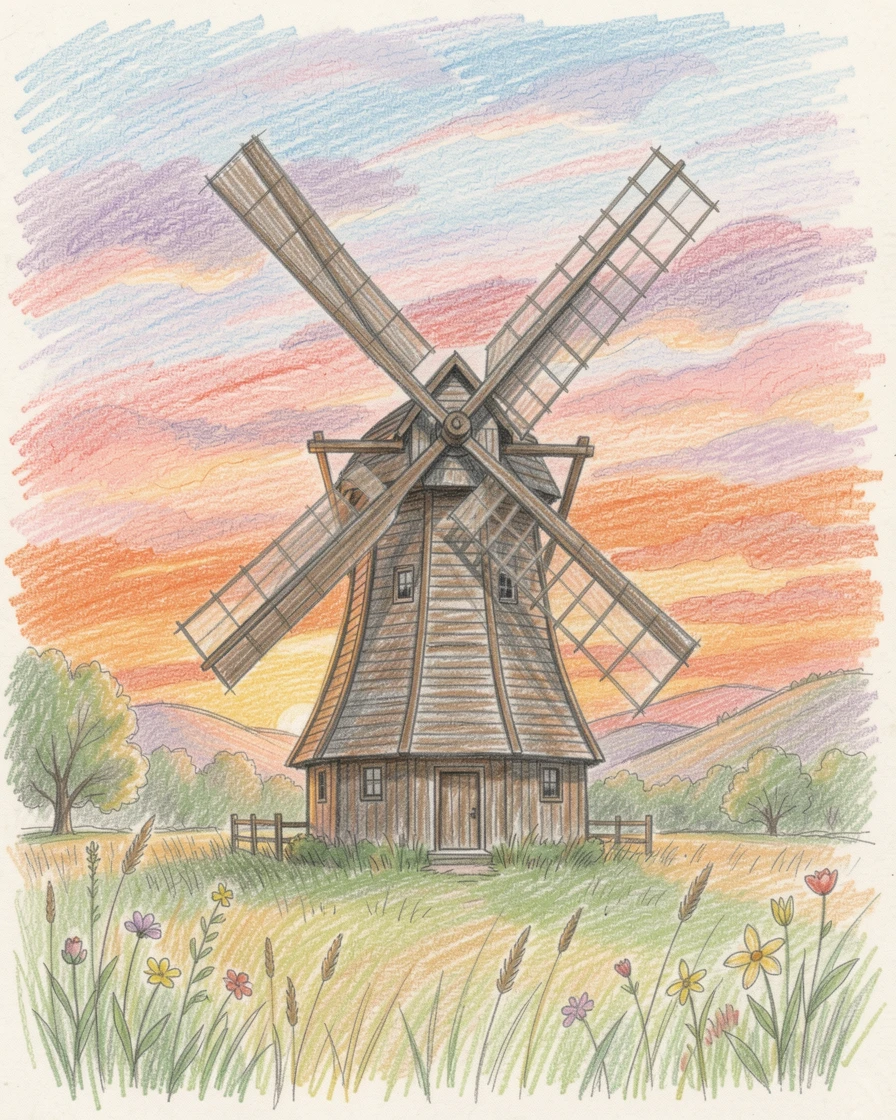 A rustic countryside windmill turning slowly against a sunset sky, framed thoughtfully to draw the eye toward the central subject, evoking warmth, beauty, and a lasting sense of wonder.
