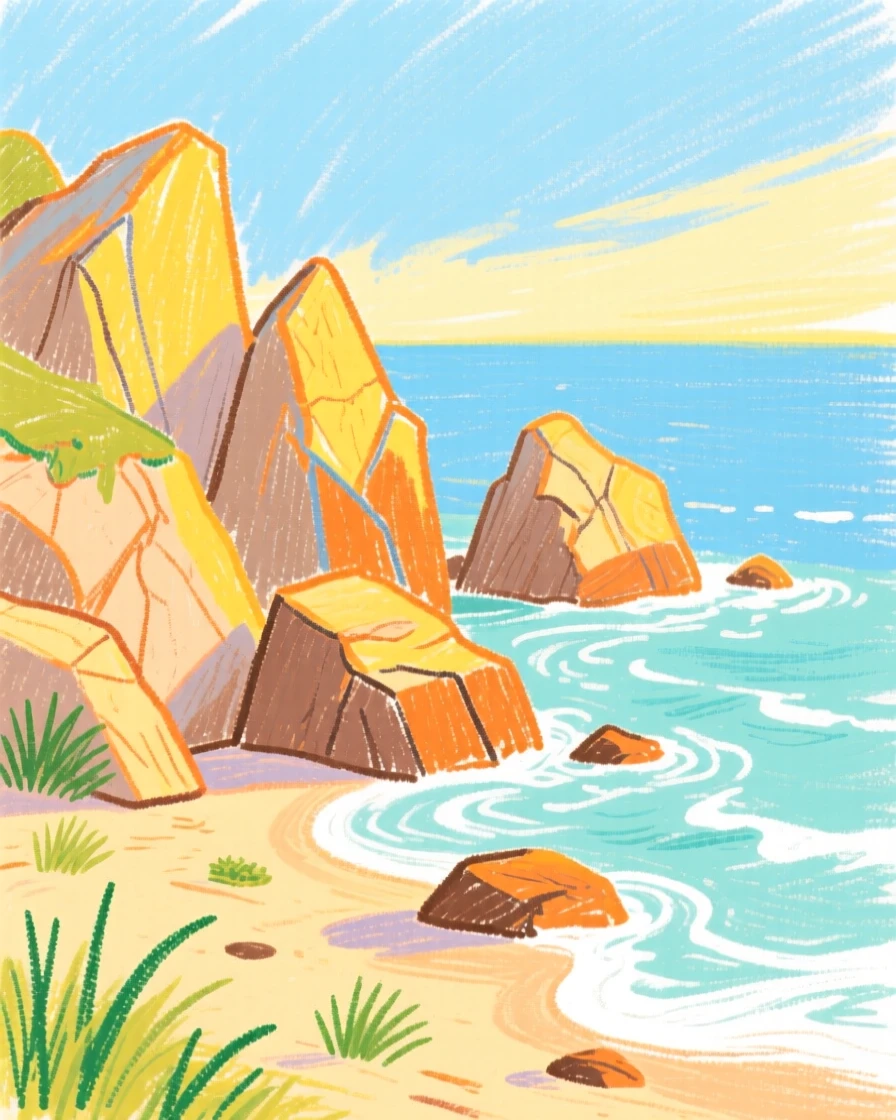 A view of a rocky coastline bathed in golden late afternoon sunlight.