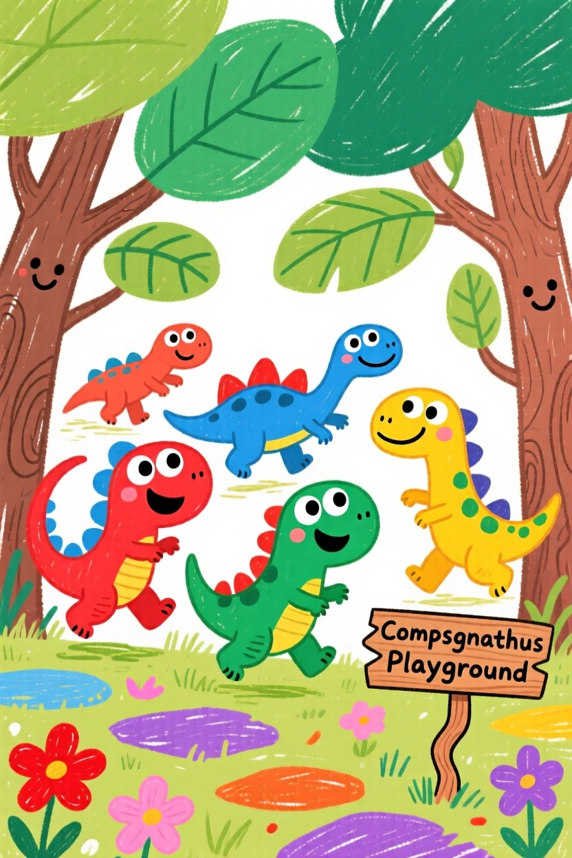 A playful pack of small compsognathus under a canopy of ancient towering trees.