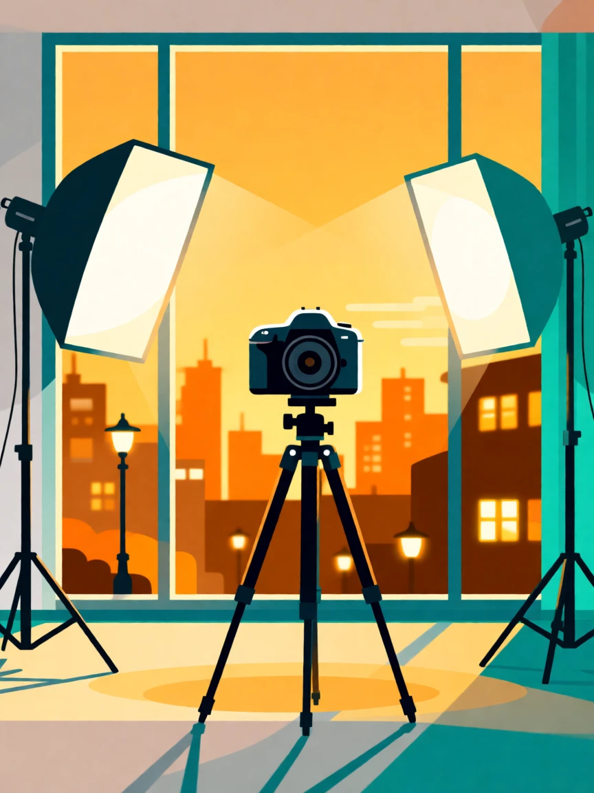 A stylish photography studio with softbox lights and a camera, surrounded by soft golden evening city light, framed to capture authentic everyday urban charm, with vibrant, trendy colors that feel fresh and current.