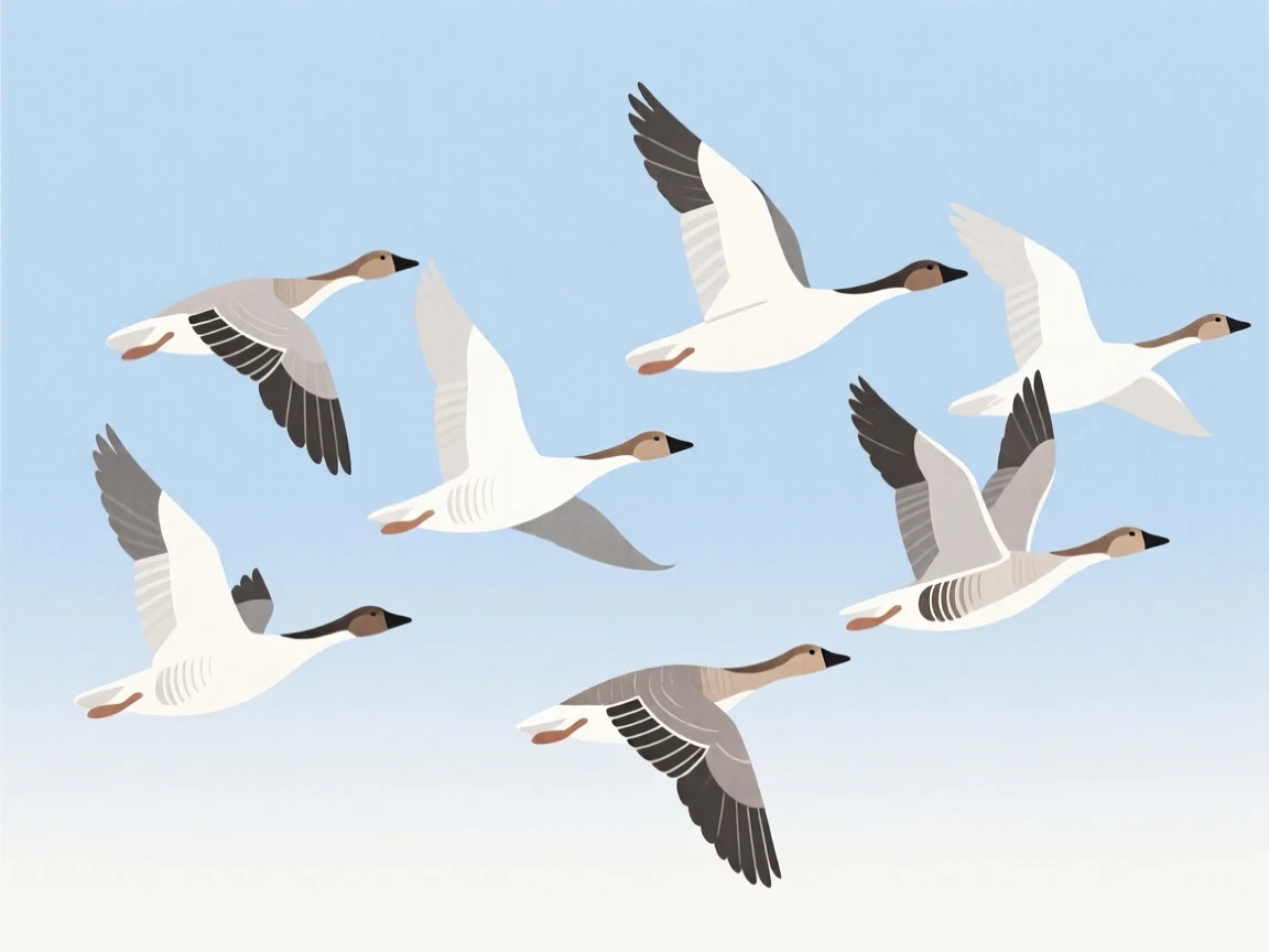 A flock of geese continuing their long migration across an open sky.