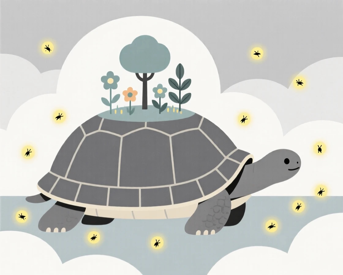 A magical garden growing on the back of a giant tortoise nestled within a world made entirely of clouds, glowing near tiny glowing fireflies, full of dreamlike serenity.