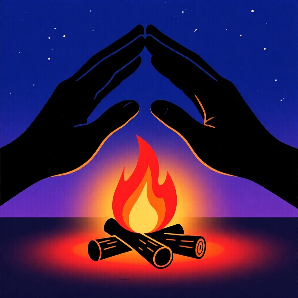 A pair of hands warming over a small campfire on a cold night.