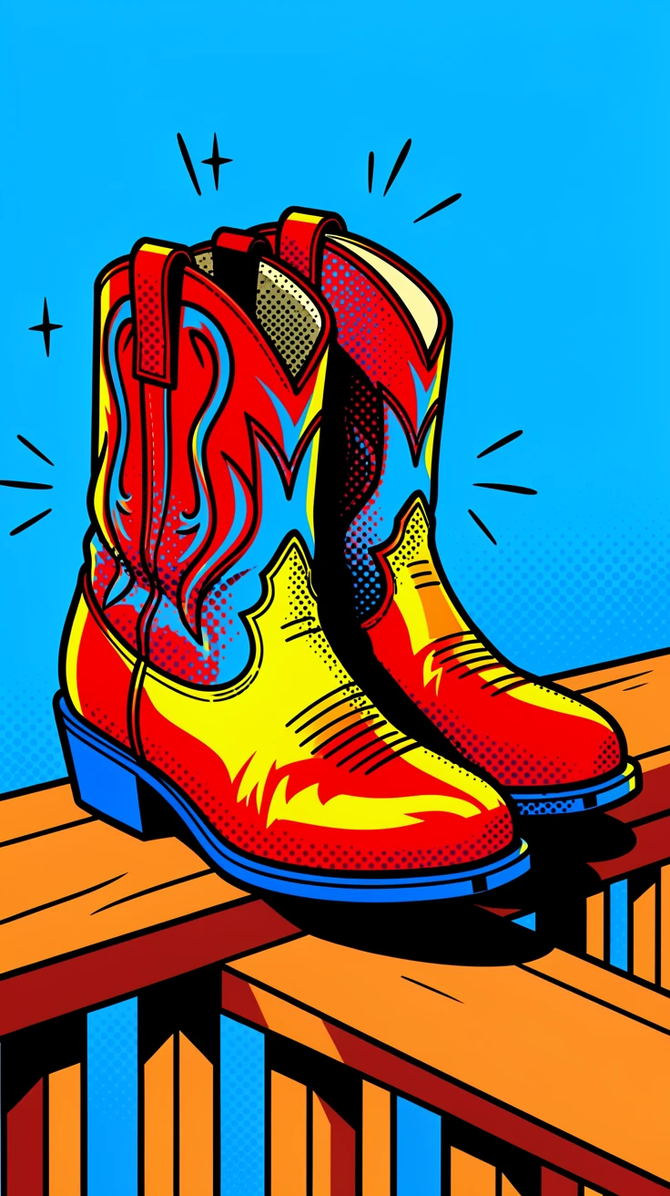 A pair of cowboy boots resting on a wooden porch rail