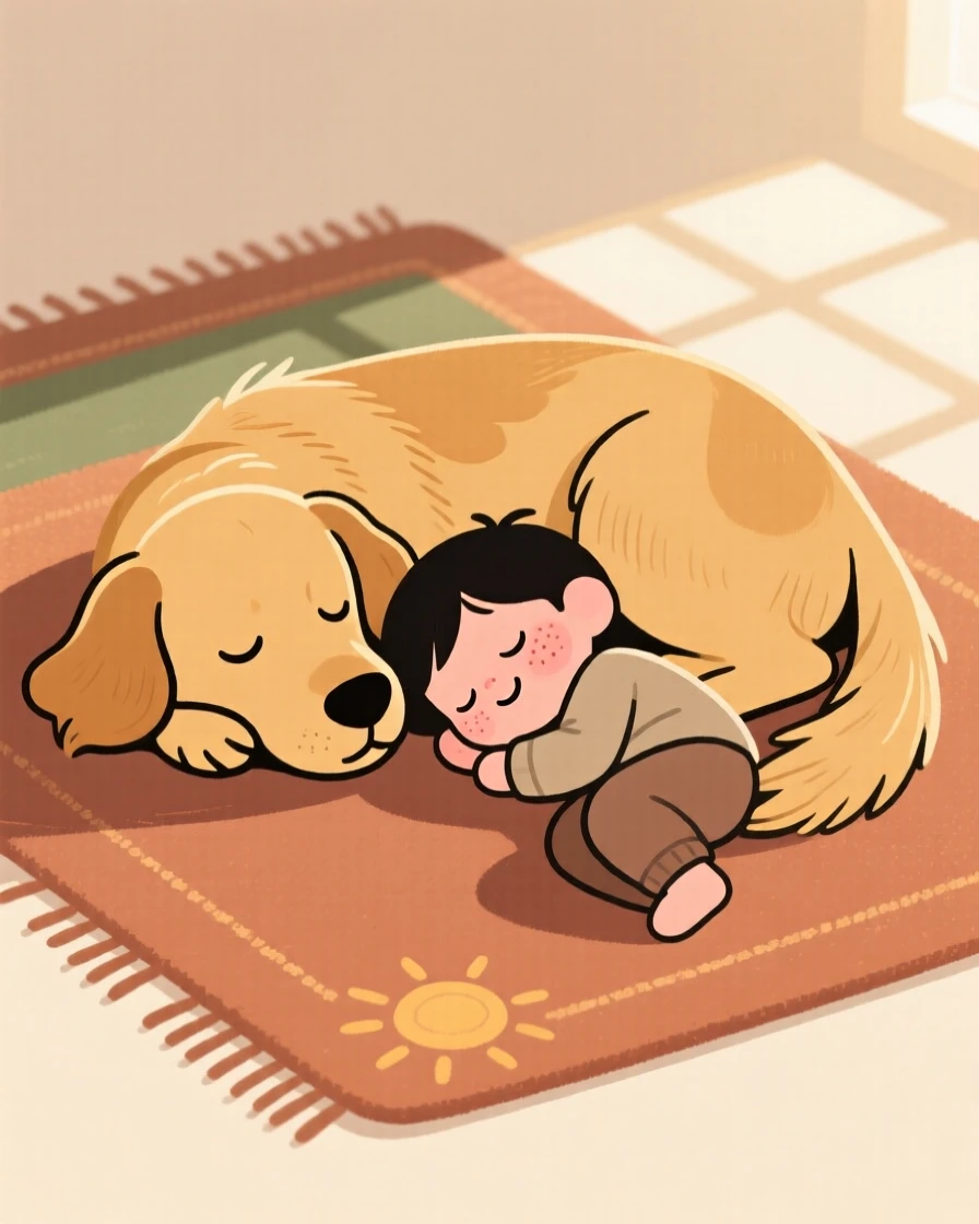A golden retriever curls up beside a sleeping child on a sunlit rug, both worn out after an afternoon of exploring the barn.