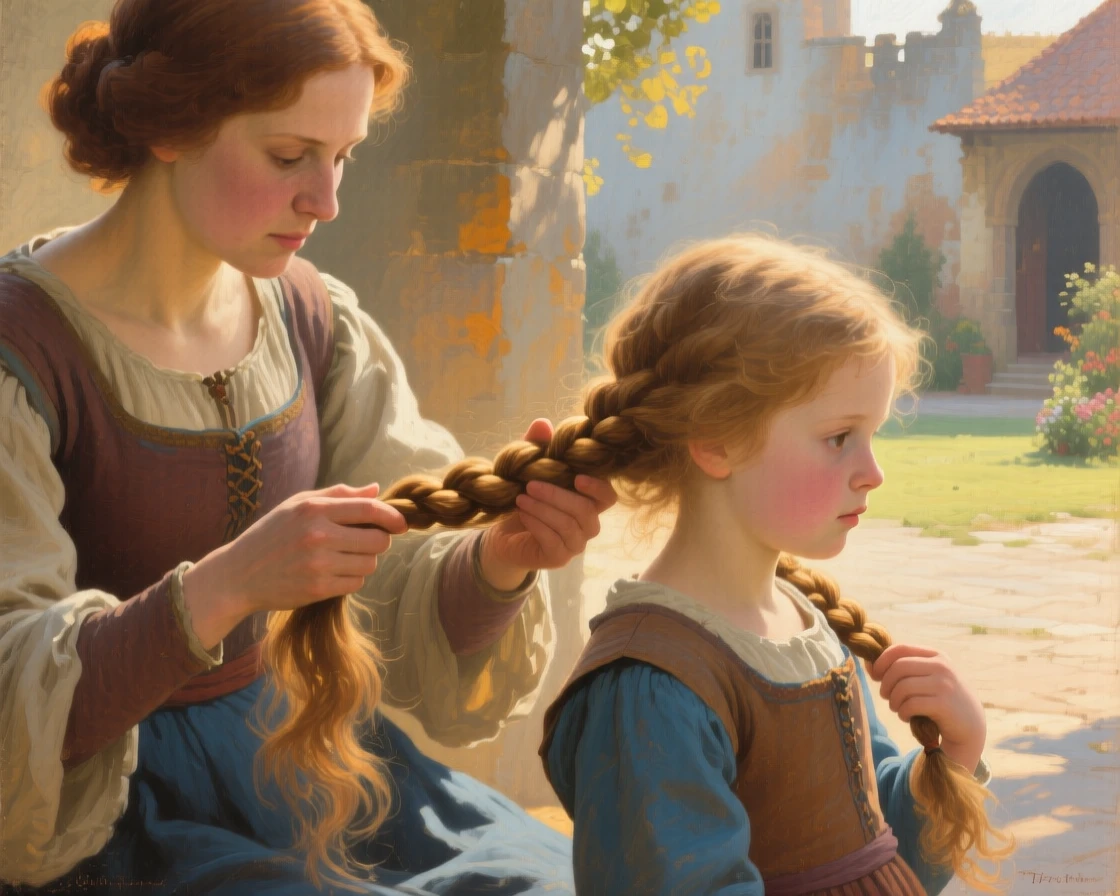 A tightly framed close-up of a young mother teaching her daughter to braid her hair, in bright warm sunshine, in medieval times.