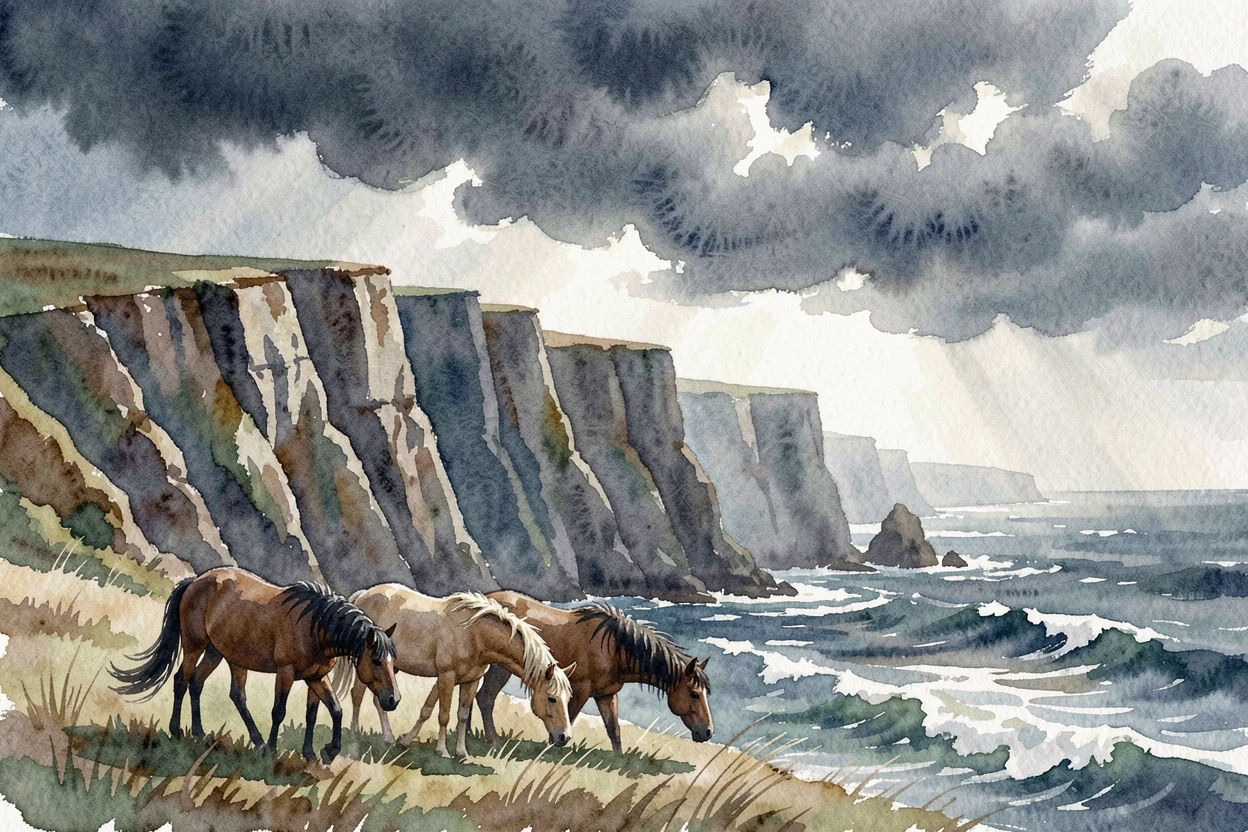 A dramatic sea cliff as storm clouds gather with wild horses grazing nearby.