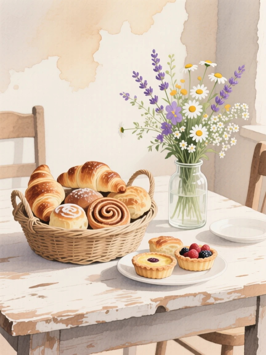A basket of pastries sits with a small vase of wildflowers nearby on a rustic farmhouse table, arranged beautifully for a delightful meal