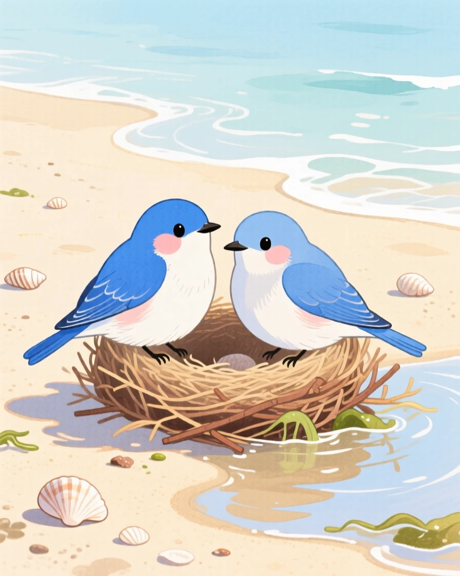 A close-up portrait of a pair of nesting bluebirds in a sandy beach at low tide.