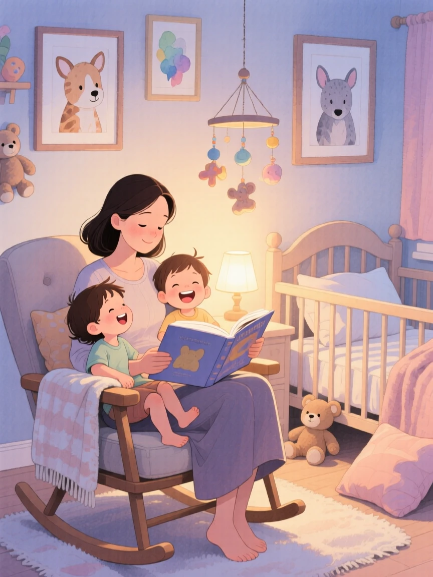 A mother reading a bedtime story to her two children, in a nursery glowing with a soft nightlight, with laughter caught mid-motion, tender maternal love and comfort.