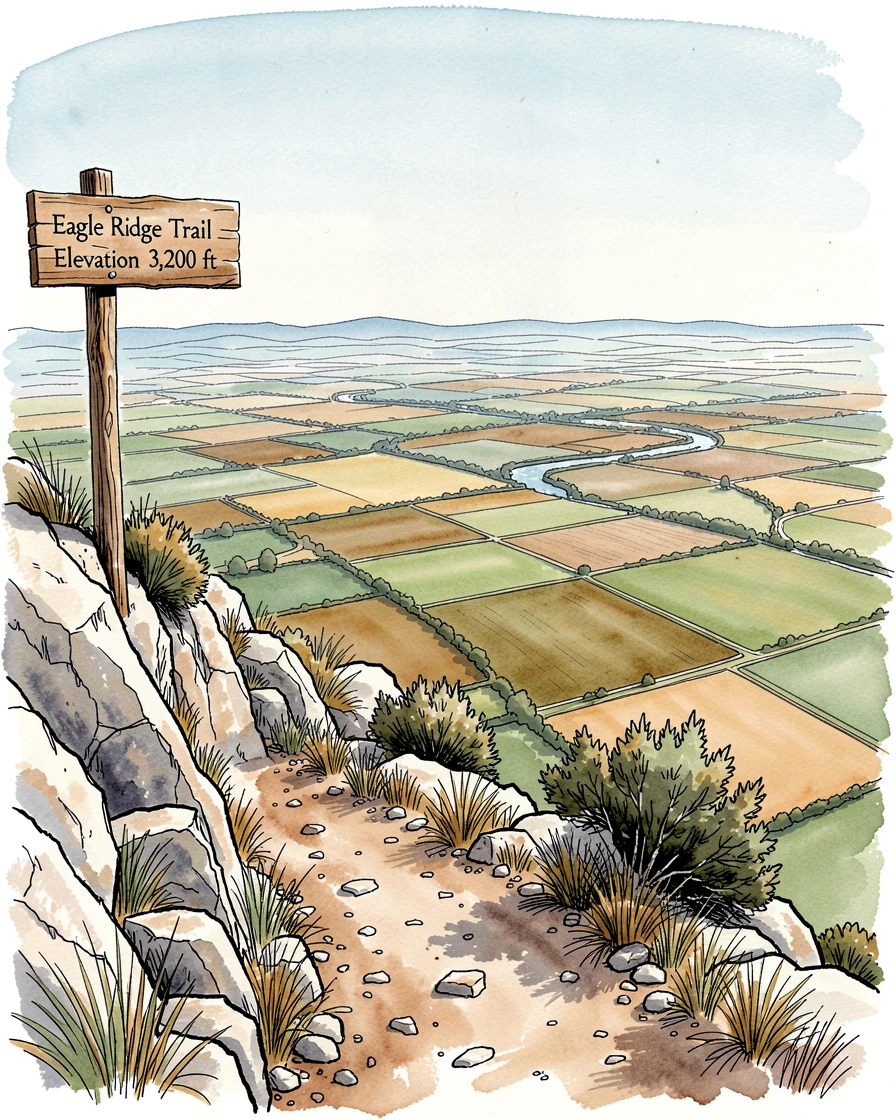 A steep ridge trail overlooking a patchwork valley far below, a sense of calm and vastness filling the open space.