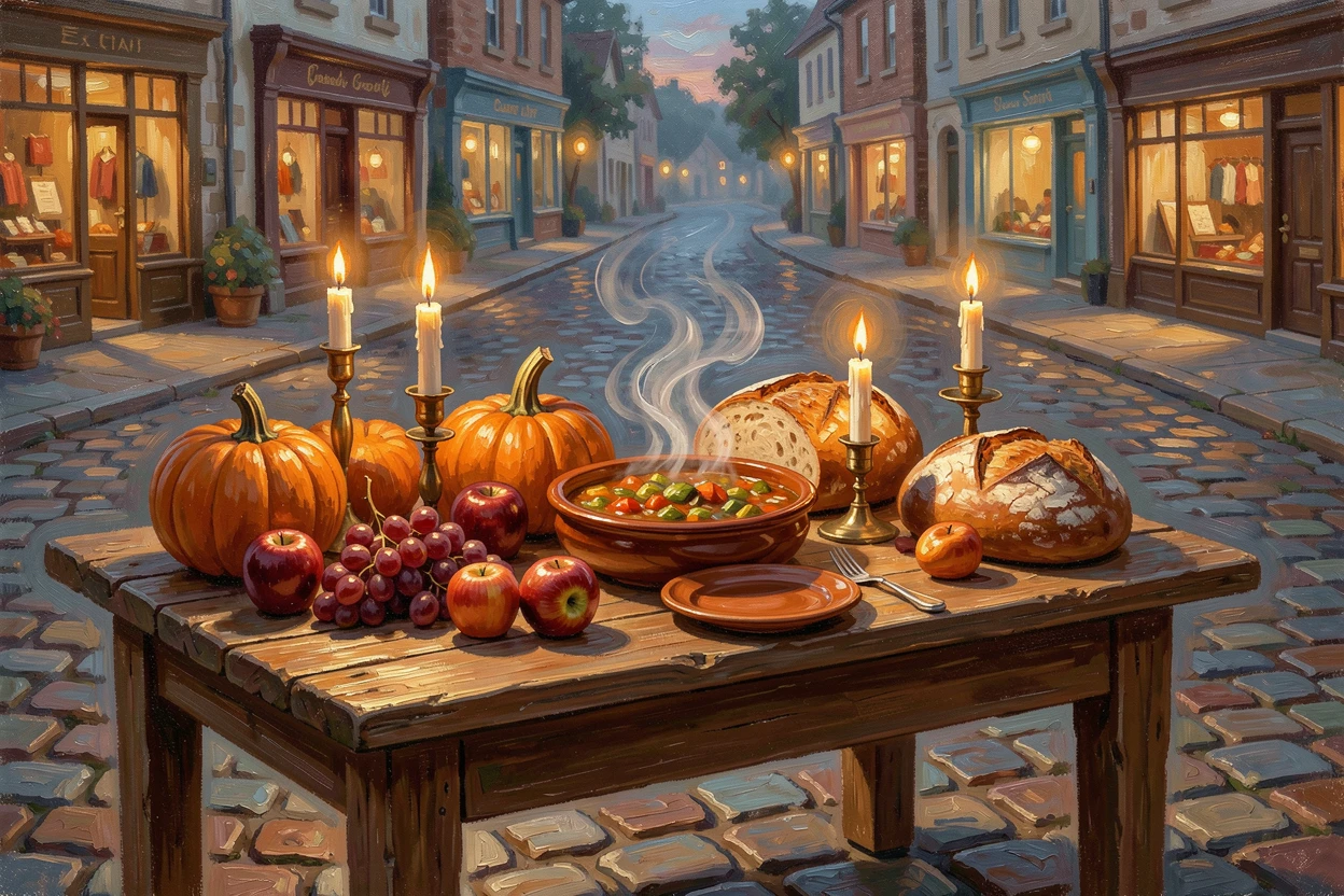 At an outdoor cafe table overlooking a cobblestone street, a farmhouse table set with a rustic harvest feast, steam rising gently into the air, beneath soft candlelight.