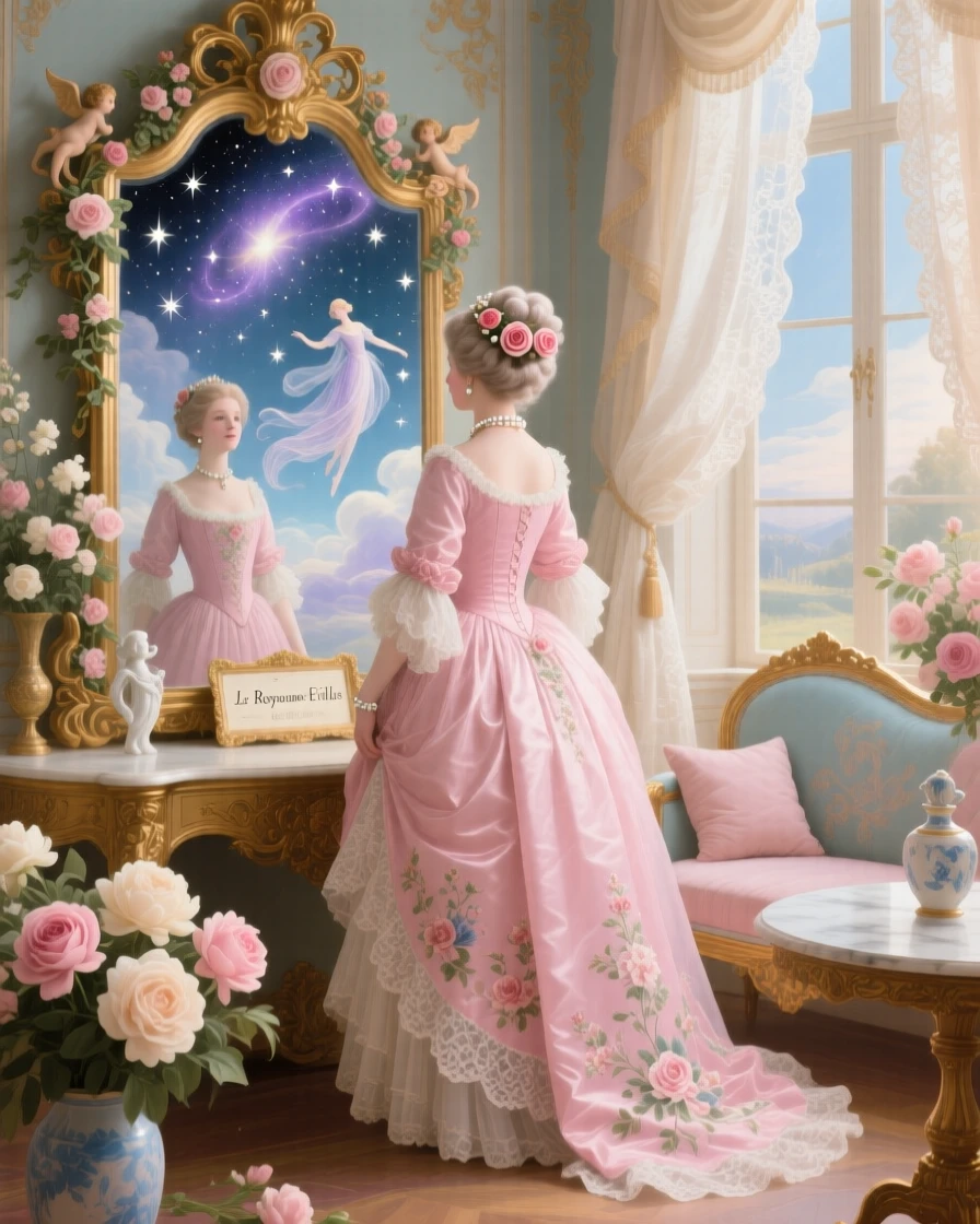A princess standing before a mirror that reveals a kingdom of stars  