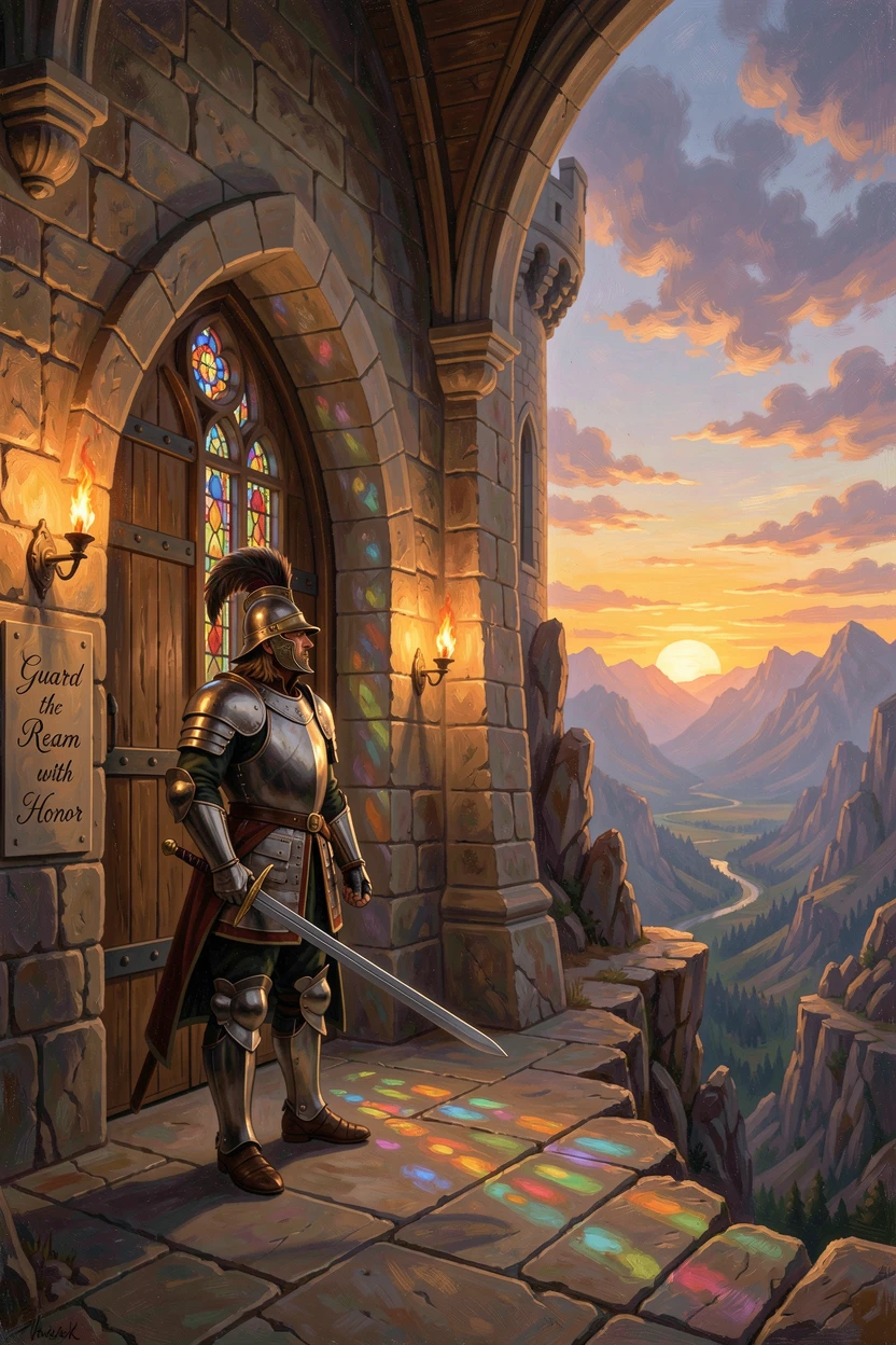 A sentry gathers in the great hall of a fortress perched on a rocky cliff as the sun sets behind the walls.