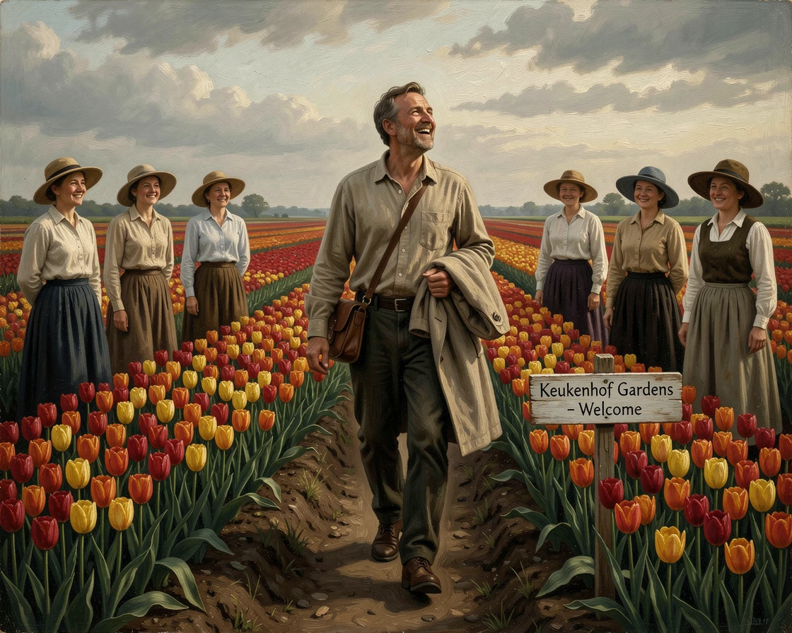 A traveler wandering through a vibrant field of tulips in the Netherlands, with genuine joy and awe visible on every face, radiating the thrill of seeing the world's most incredible places