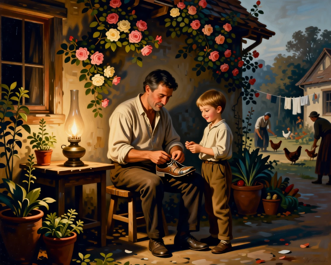 A cobbler carefully mending a child's worn shoe by lamplight at the gentle heart of a simple daily ritual, set beside a rustic cottage framed by climbing roses, with modest but well-tended surroundings speaking of quiet pride; background activity adds gentle life without distracting from the center, filled with gentle humor, warmth, and community spirit.