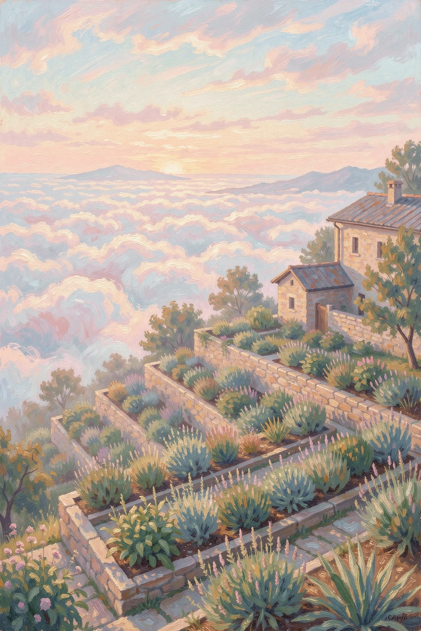 A remote monastery garden on a mountaintop, terraced beds of herbs overlooking clouds below, as the first light of dawn breaks.