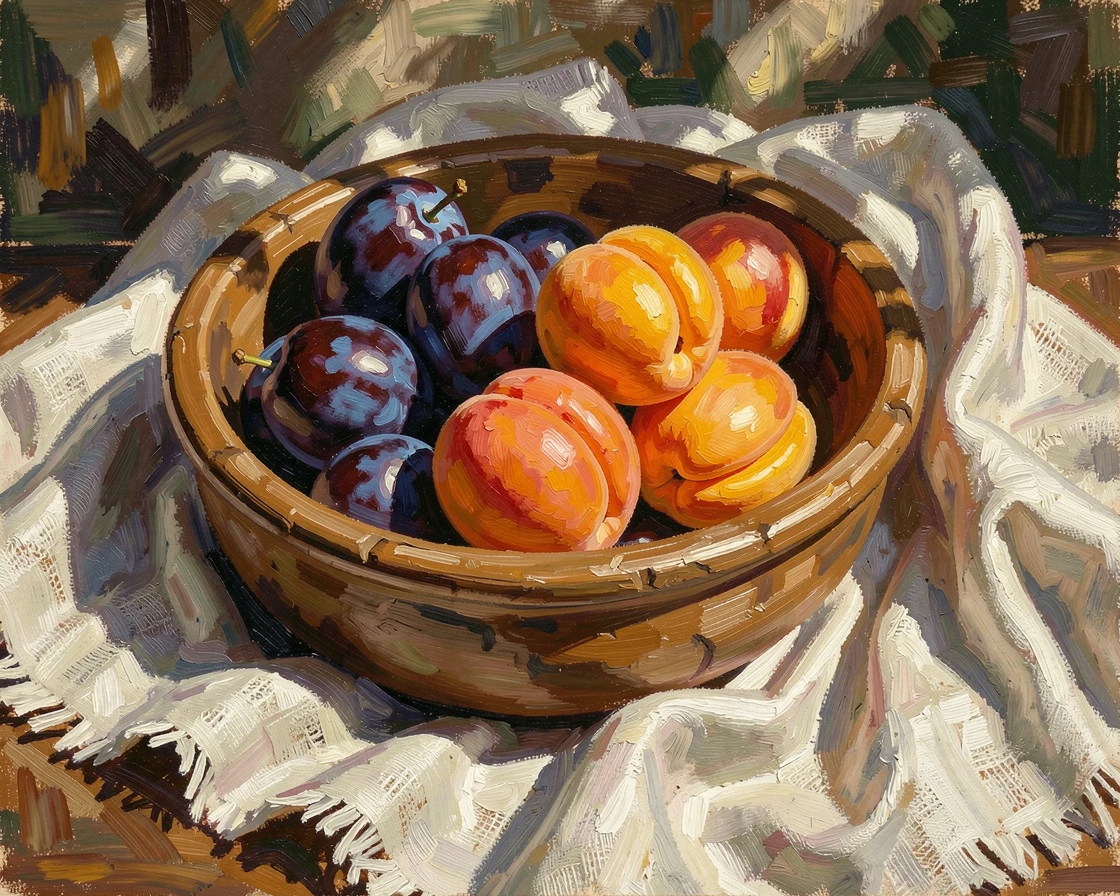A bowl of plums and apricots arranged beside a linen cloth in dappled afternoon light.