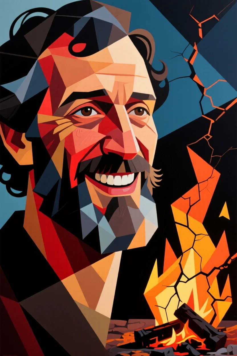 A close-up portrait of a middle-aged man of Greek heritage, grinning with pride, beside a crackling hearth.