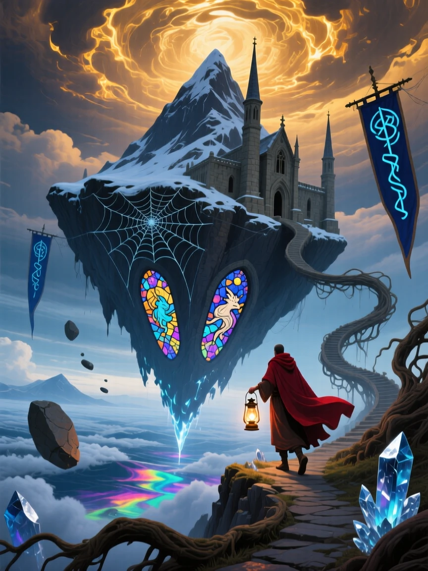 A monastery perched on an inverted mountain peak leans impossibly against the wind, as a lone traveler climbs toward its summit.