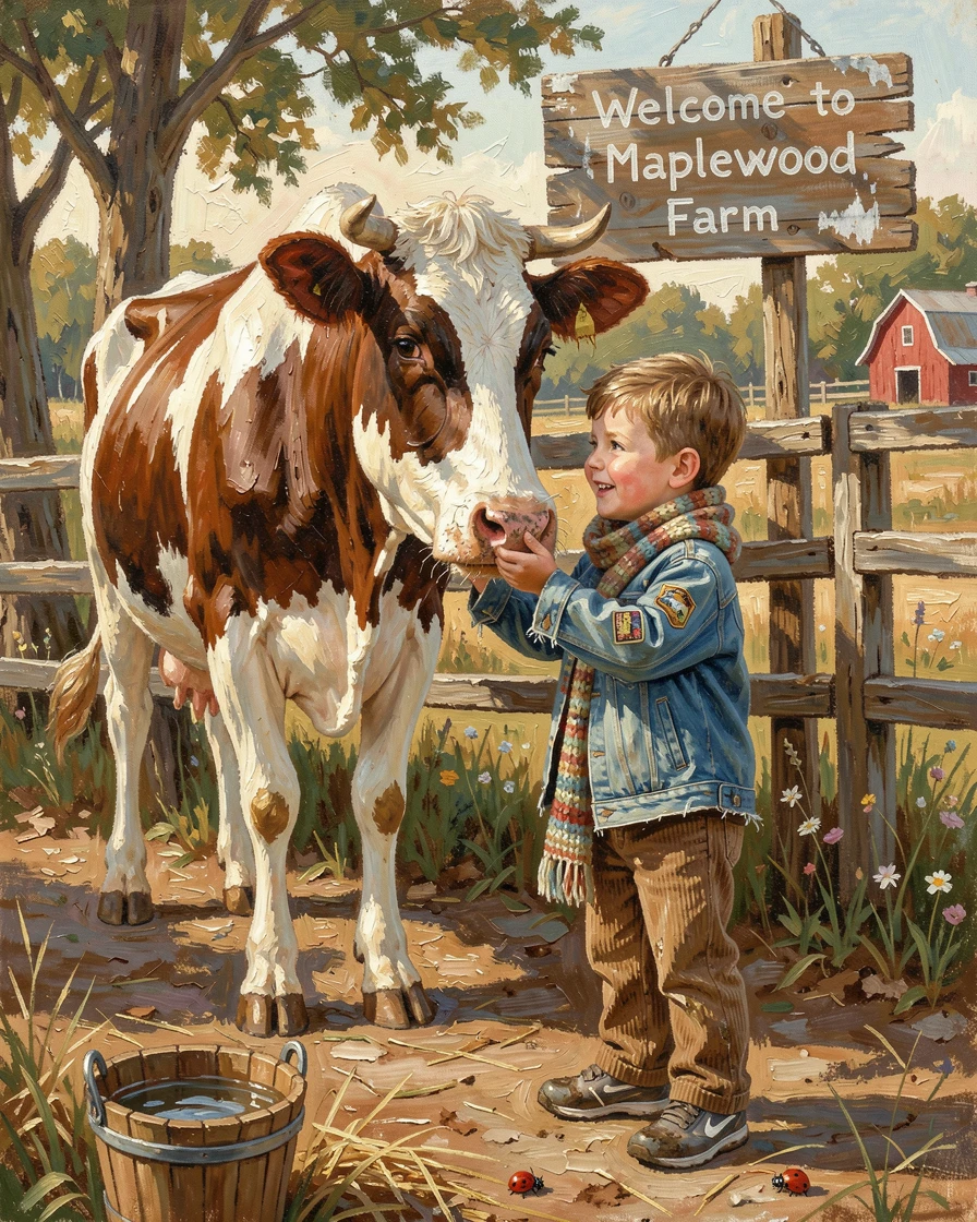 A young boy pets a friendly farm cow for the first time, wide-eyed wonder visible as the animal nuzzles his outstretched hand, small personal details in their clothing and surroundings hinting at their story.
