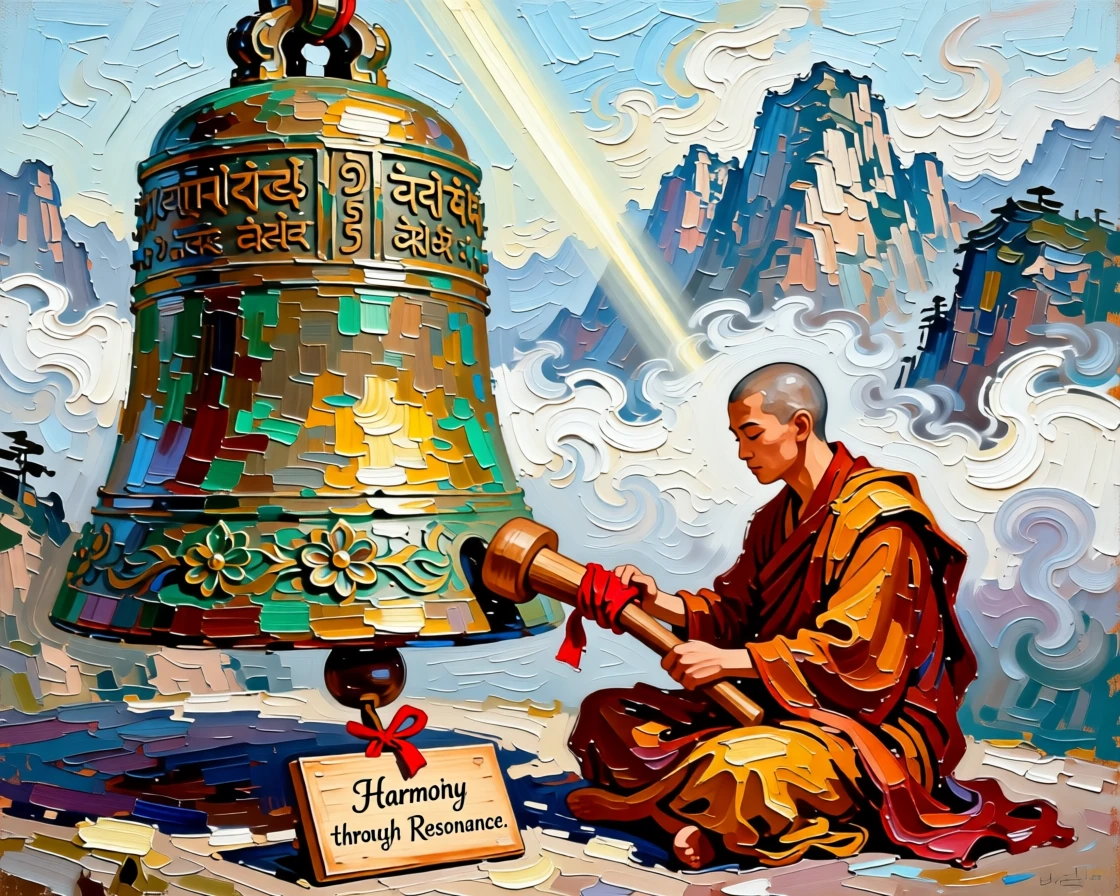 A monk ringing a massive bronze temple bell as mist rolls through the mountains