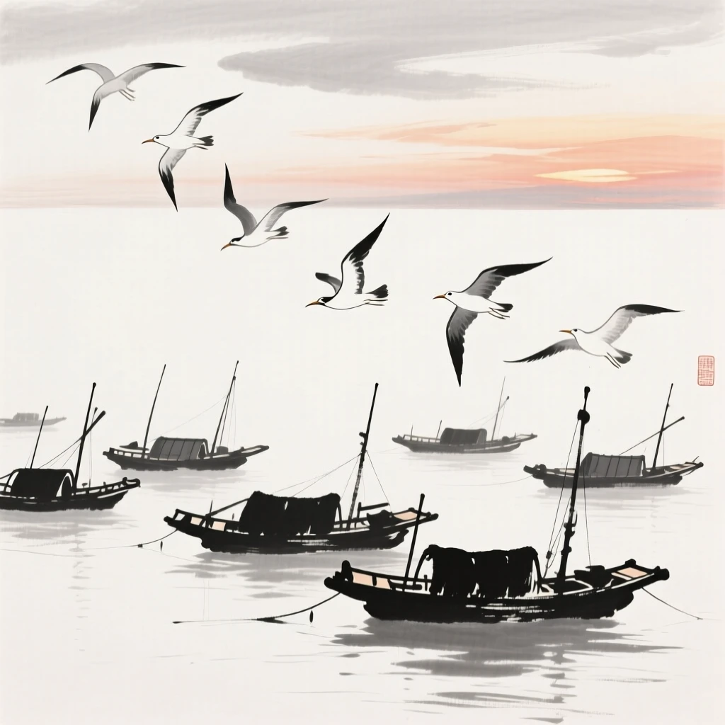 Seabirds wheel above a fleet of fishing boats returning at dusk, beneath a sky streaked with the colors of sunset.