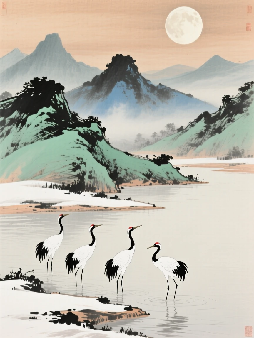 A chain of distant mountain peaks fading into haze, where cranes wade quietly at the water's edge, under a full moon, touched with gentle melancholy, in the mild days of early winter.