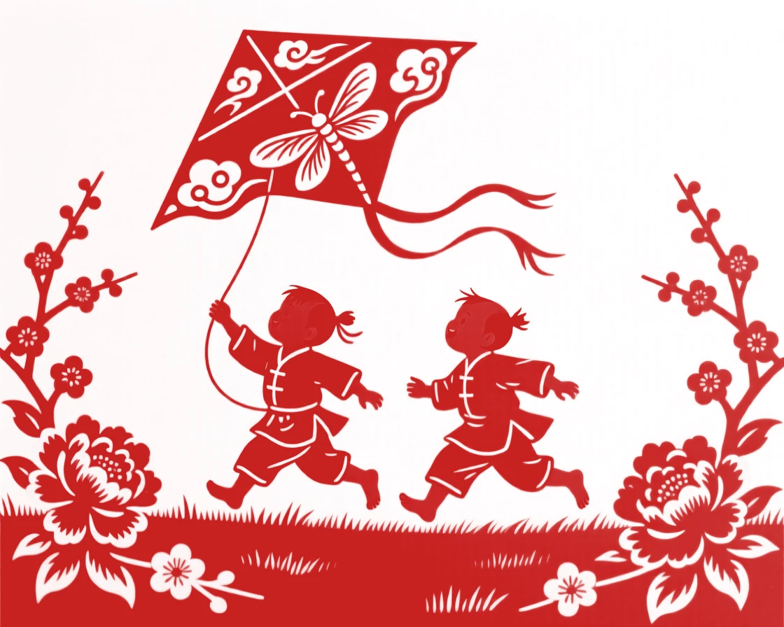 Two barefoot village children, chasing a paper kite across an open field, their laughter echoing through the courtyard.